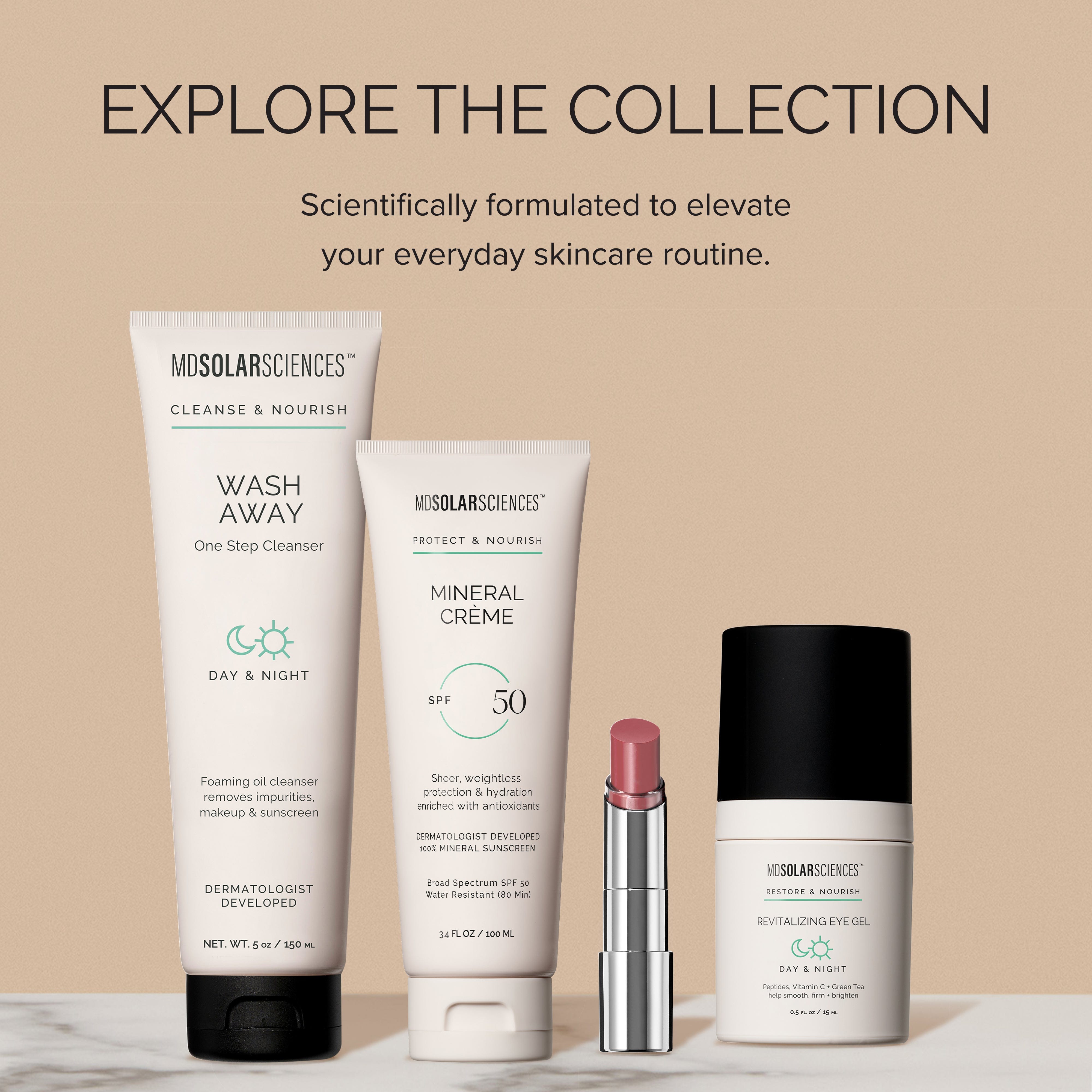 Collection of Misolar Sciences skincare products on a beige background with text promoting their effectiveness.