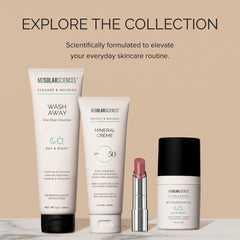 Collection of Misolar Sciences skincare products on a beige background with text promoting their effectiveness.