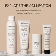 Collection of MDSolarSciences skincare products on a beige background with text promoting their effectiveness.