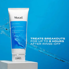 Tube of Murad Acne Control Cream Cleanser with water splashes on a blue background