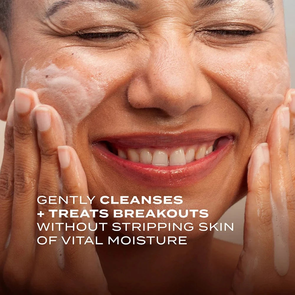 Person applying a skincare product with text about its benefits
