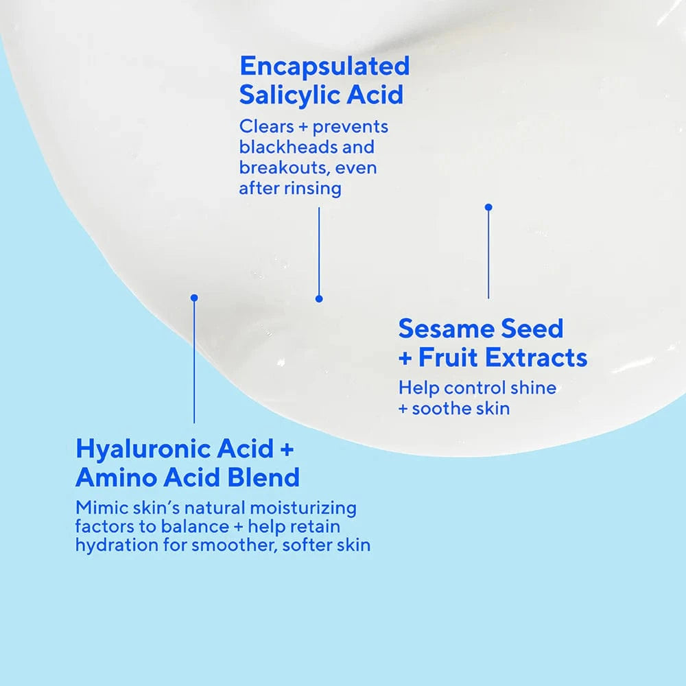 Product packaging with text about encapsulated salicylic acid, sesame seed + fruit extracts, and hyaluronic acid + amino acid blend.