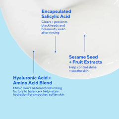 Product packaging with text about encapsulated salicylic acid, sesame seed + fruit extracts, and hyaluronic acid + amino acid blend.