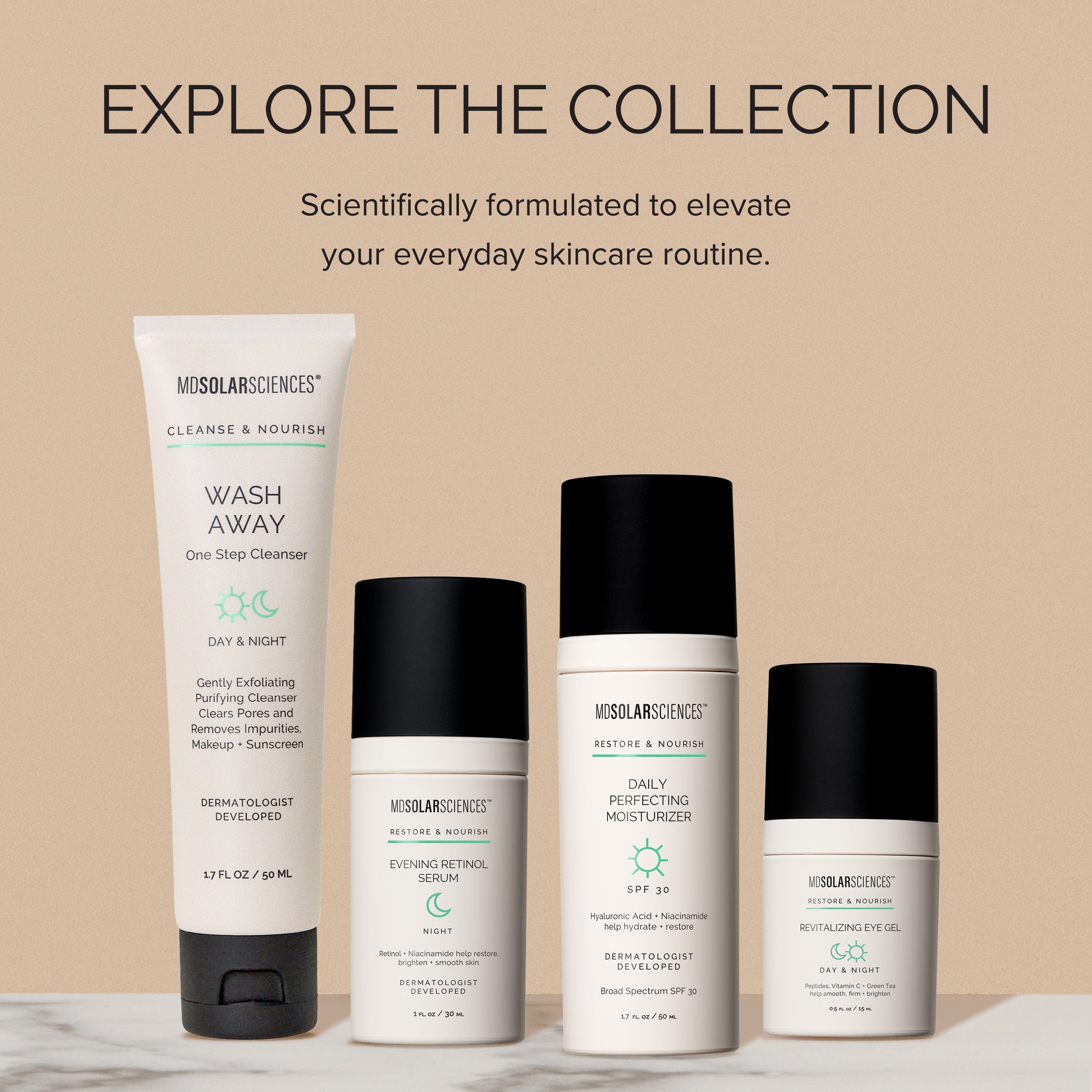 Skincare products from MDSolarSciences on a beige background with text 'Explore the Collection'.