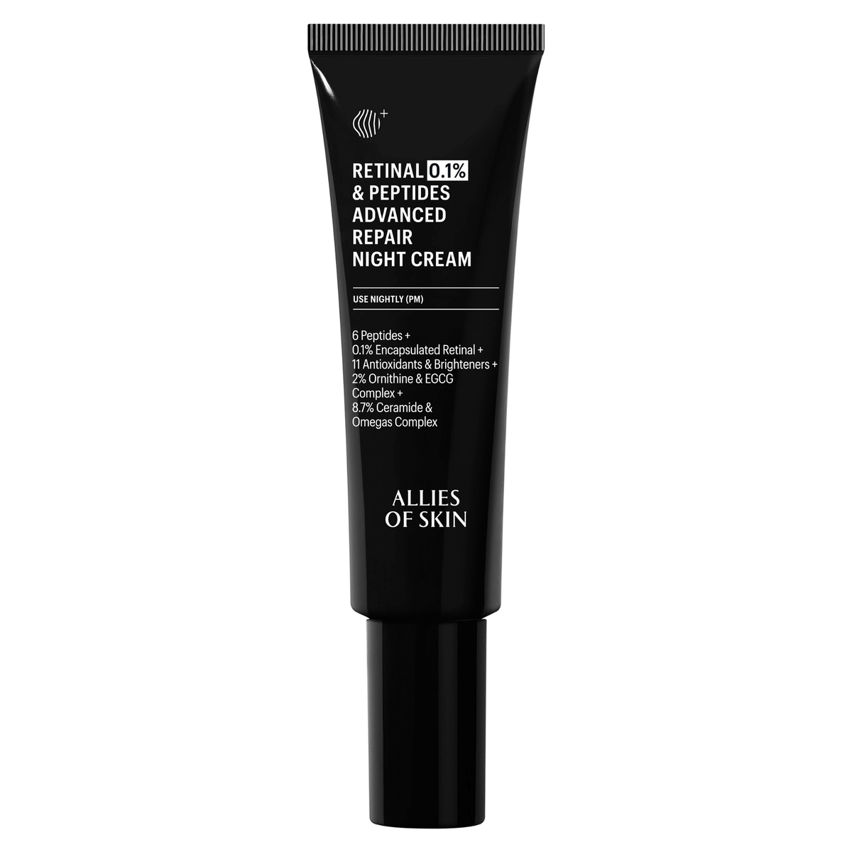 Retinal 0.1% & Peptides Advanced Repair Night Cream in black pump bottle with whitedetailing by Allies of Skin. Available at Exclusive Beauty Club. Anti-aging skincare.
