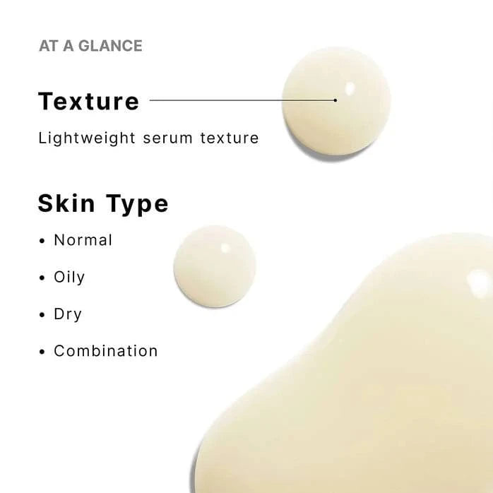Lightweight serum texture description with skin type compatibility on a white background
