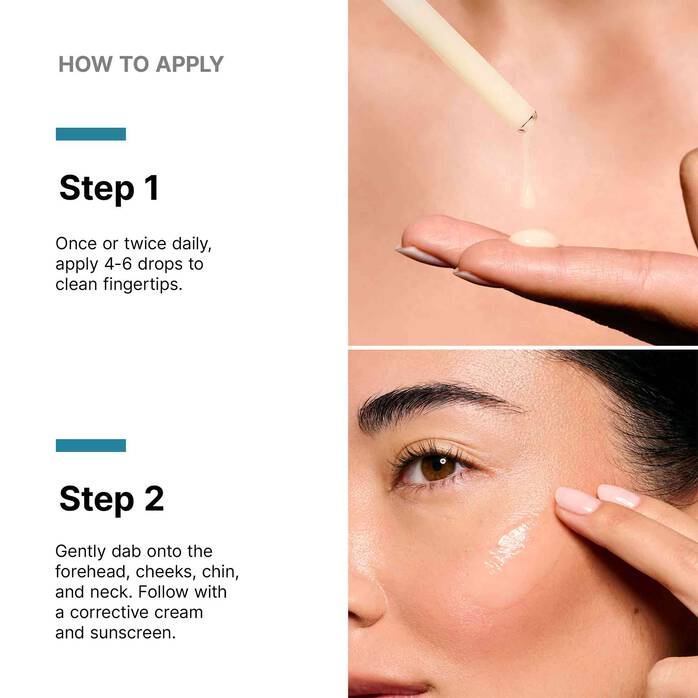 Instructions on how to apply a cosmetic product with close-up of application on skin.