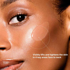 Close-up of a woman's face with skincare product application, showing text about skin lifting and tightening.
