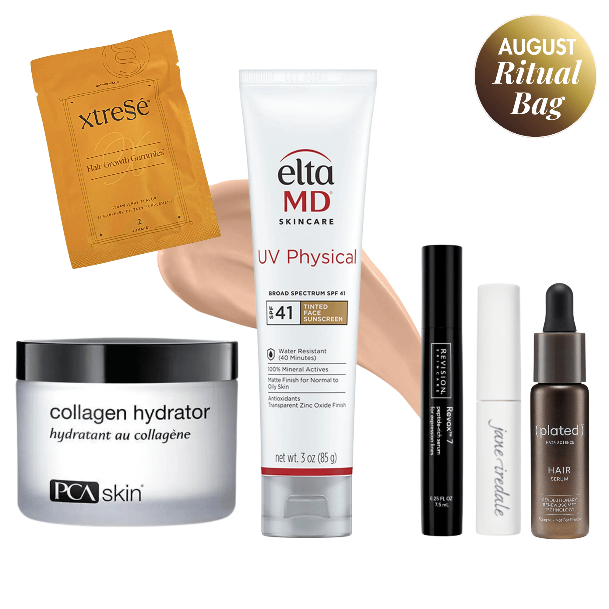 Exclusive Beauty Club August Ritual Bag featuring EltaMD, PCA skin, Xtresse, Plated, Jane Iredale, and Revision