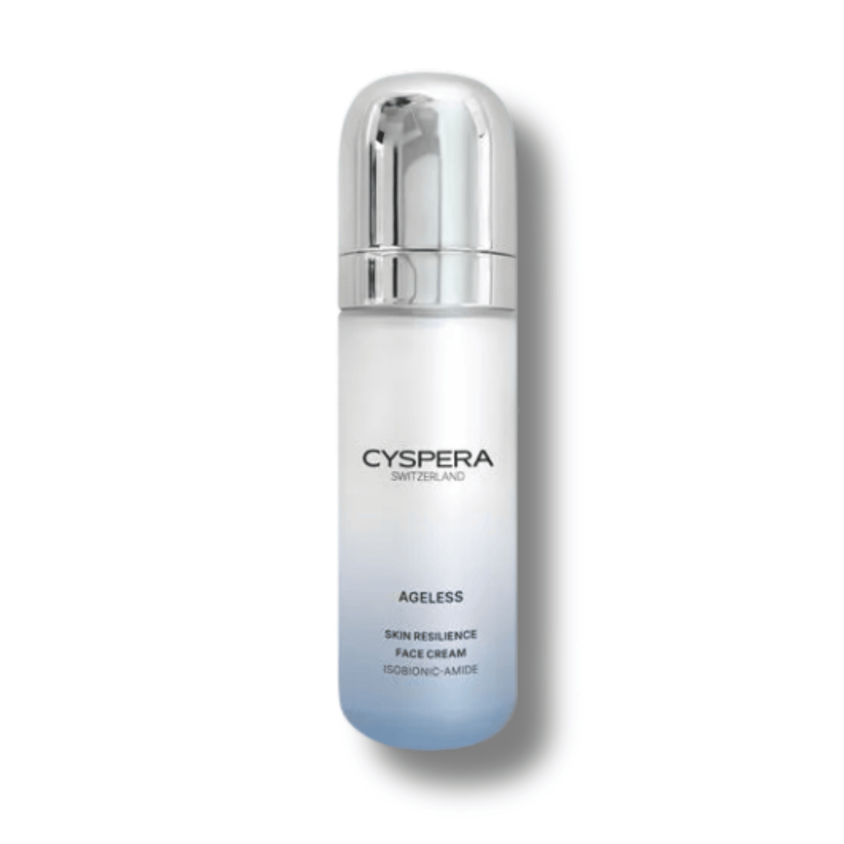 Cyspera Switzerland Ageless Skin Resilience Face Cream with Isobionic-Amide in white and blue gradient pump bottle