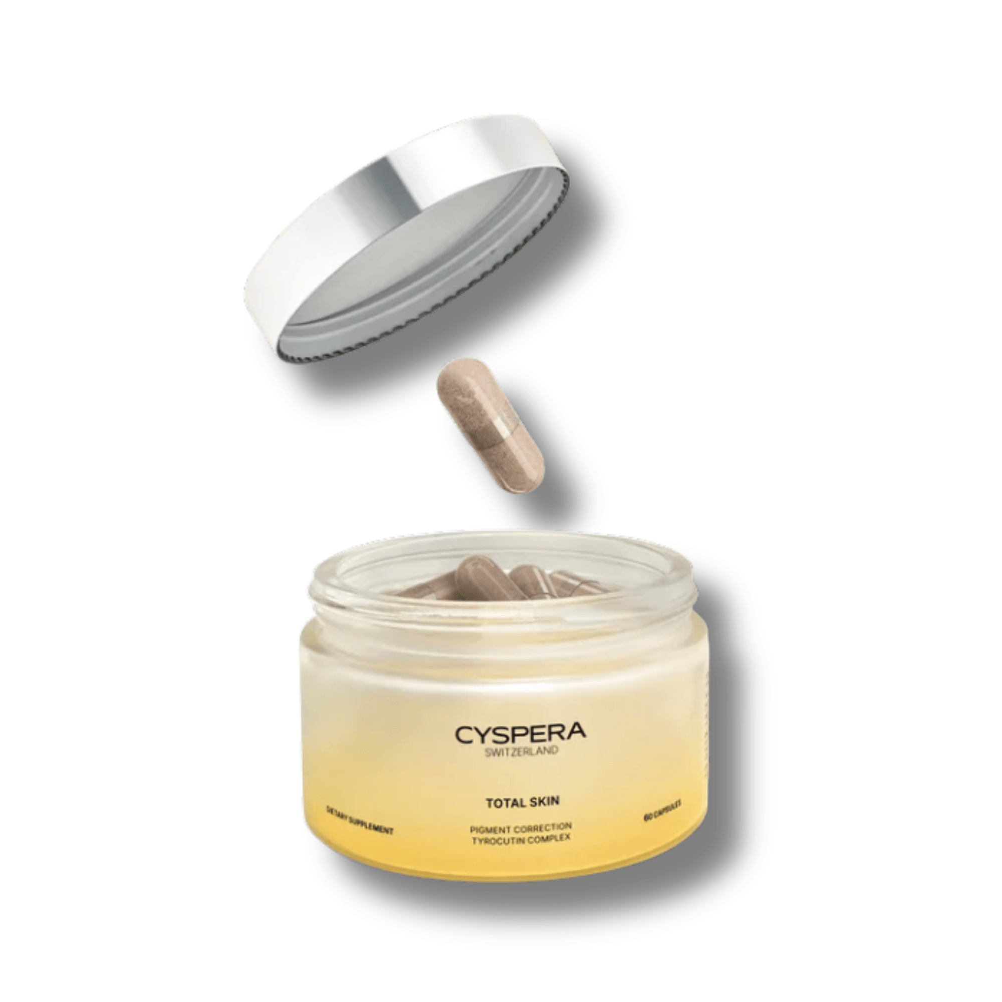 Cyspera Switzerland Total Skin open jar with Tyrocutin Complex capsules and silver lid pigment correction dietary supplement 60 capsules