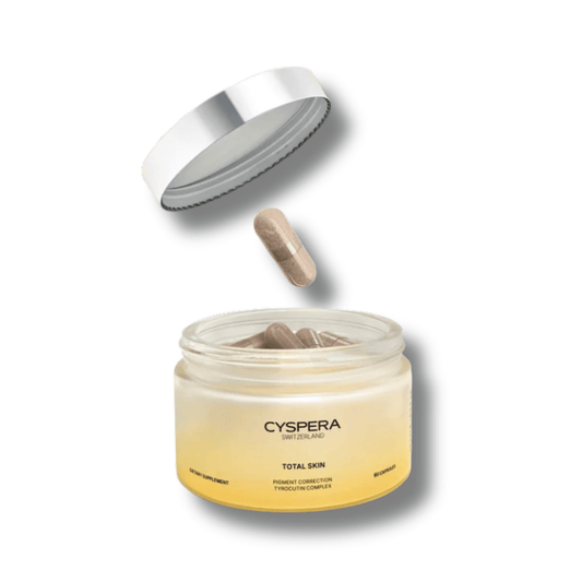 Cyspera Switzerland Total Skin open jar with Tyrocutin Complex capsules and silver lid pigment correction dietary supplement 60 capsules