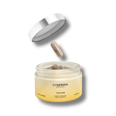 Cyspera Switzerland Total Skin open jar with Tyrocutin Complex capsules and silver lid pigment correction dietary supplement 60 capsules