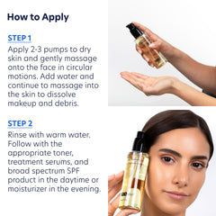 Product application instructions with a bottle and a woman's face on a white background
