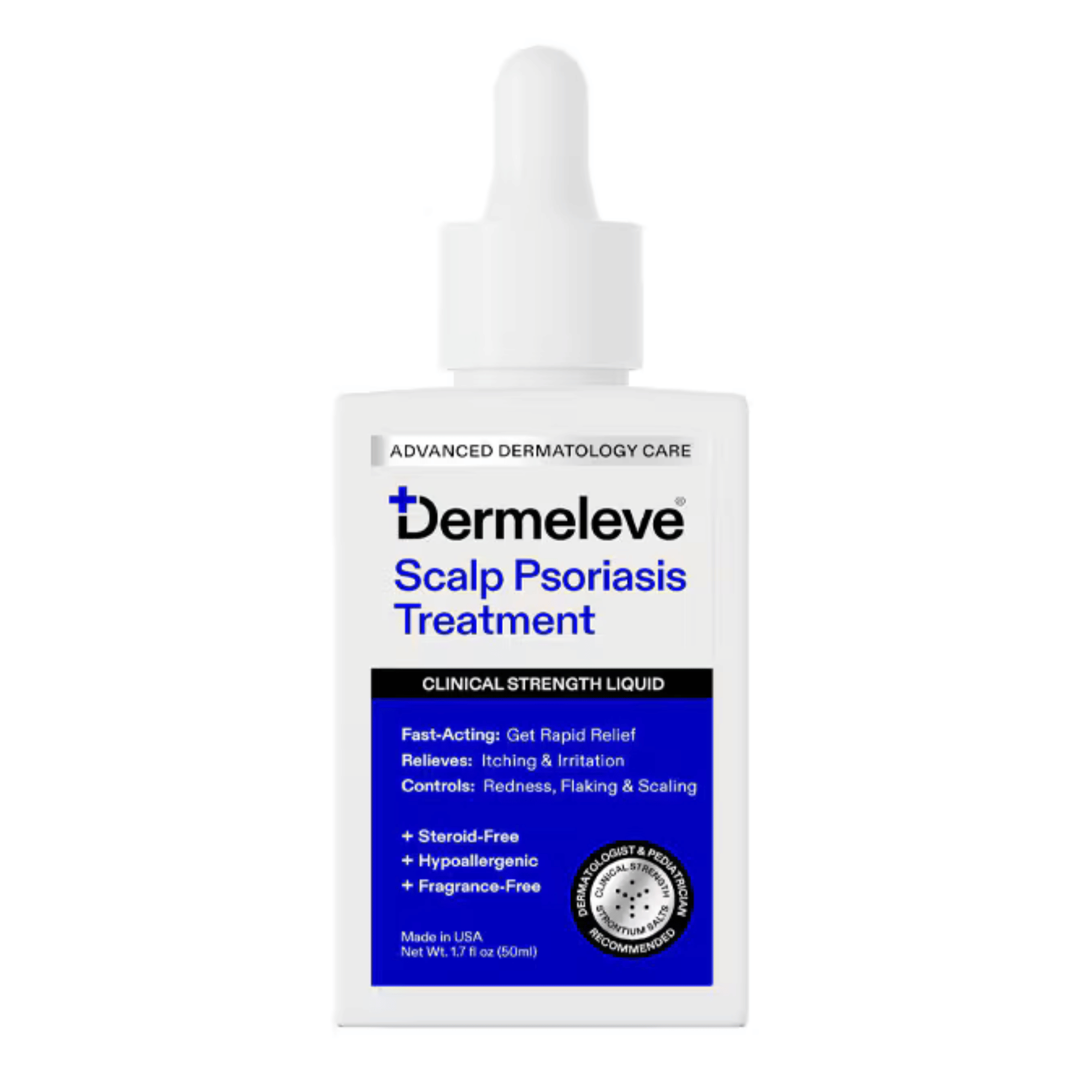 Dermeleve Scalp Psoriasis Treatment liquid in a white bottle with a white dropper cap, featuring a blue and black label.
