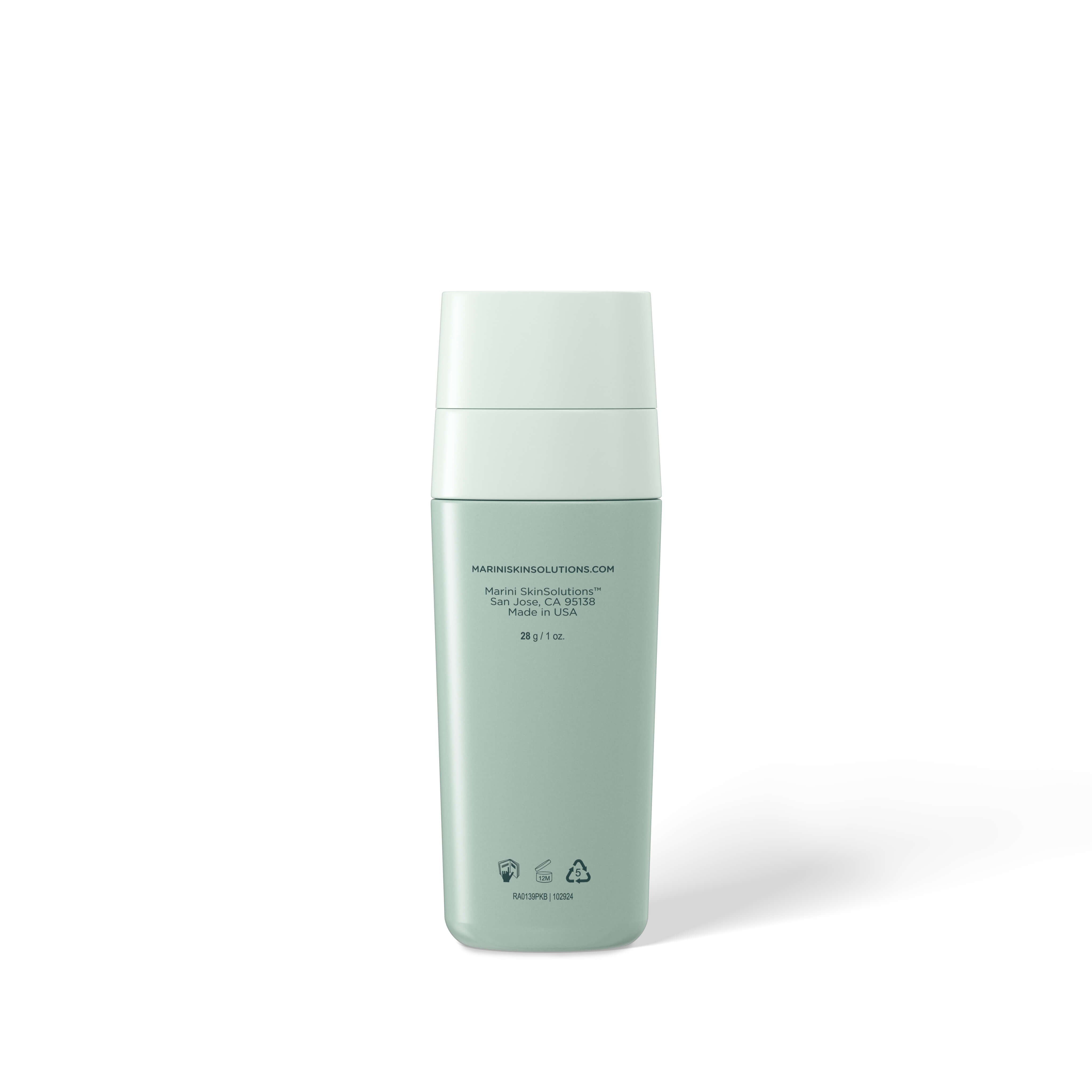 Green skincare bottle with text on a white background