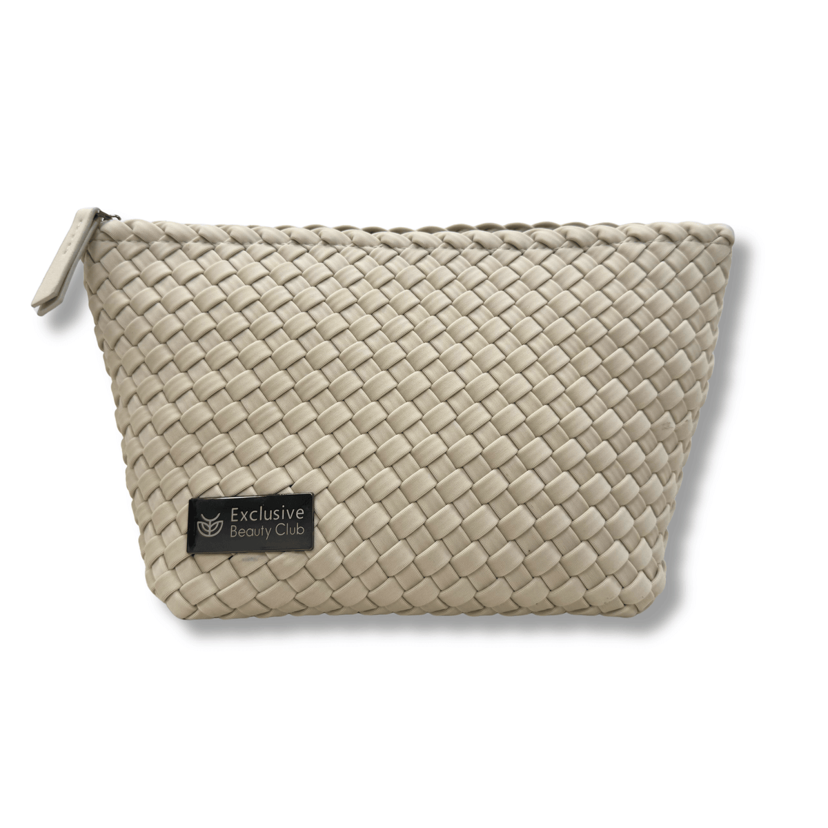 Exclusive Beauty Club taupe woven neoprene cosmetic pouch with zip closure and branded metal logo plate