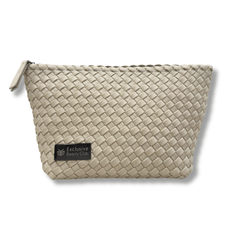 Exclusive Beauty Club taupe woven neoprene cosmetic pouch with zip closure and branded metal logo plate