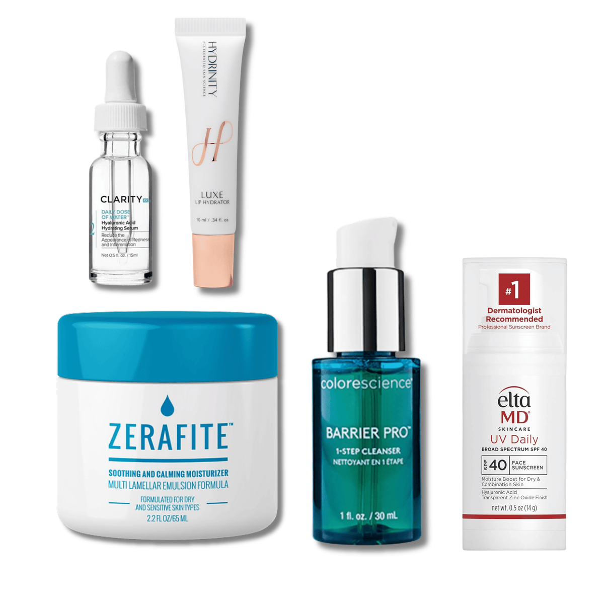 Exclusive Beauty Club Dry Skin Starter Kit featuring dermatologist-recommended skincare products from brands ClarityRx, Hydrinity, Zerafite, Colorescience, and EltaMD.