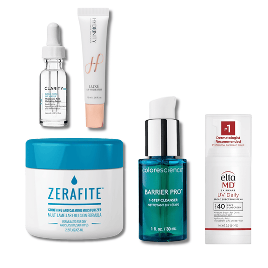 Exclusive Beauty Club Dry Skin Starter Kit featuring dermatologist-recommended skincare products from brands ClarityRx, Hydrinity, Zerafite, Colorescience, and EltaMD.