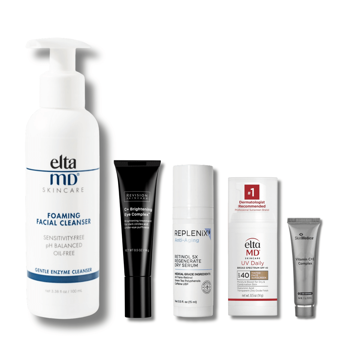 Exclusive Beauty Club Anti-Aging Essentials Kit featuring dermatologist-recommended skincare products from brands EltaMD, Revision Skincare, Replenix, and SkinMedica.