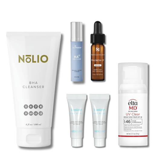 Exclusive Beauty Club Oily Skin Starter Set featuring dermatologist-recommended skincare products from brands Nolio, SkinMedica, SkinCeuticals, EltaMD, and Neocutis.