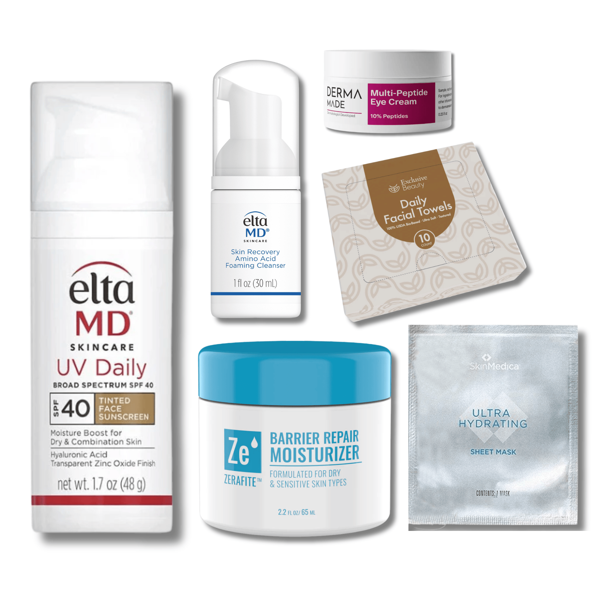 Exclusive Beauty Club Sensitive Skin Starter Kit featuring dermatologist-recommended skincare products from brands EltaMD, Zerafite, Derma Made, SkinMedica, and Exclusive Beauty Club.