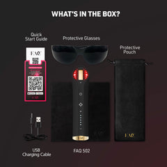 Product packaging with FAQ 502 device, USB cable, charging guide, and accessories on a dark background.