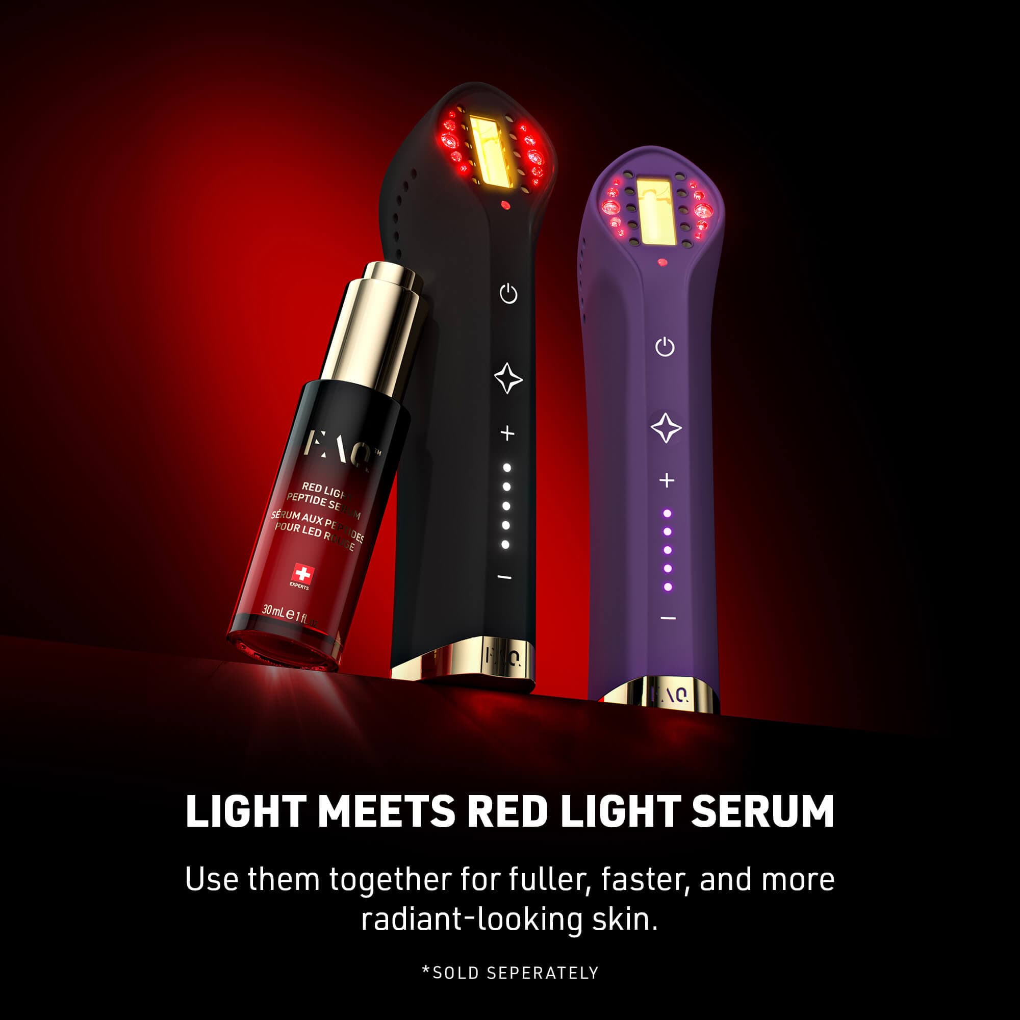 Red light serum and two handheld devices on a dark background with text about their benefits.