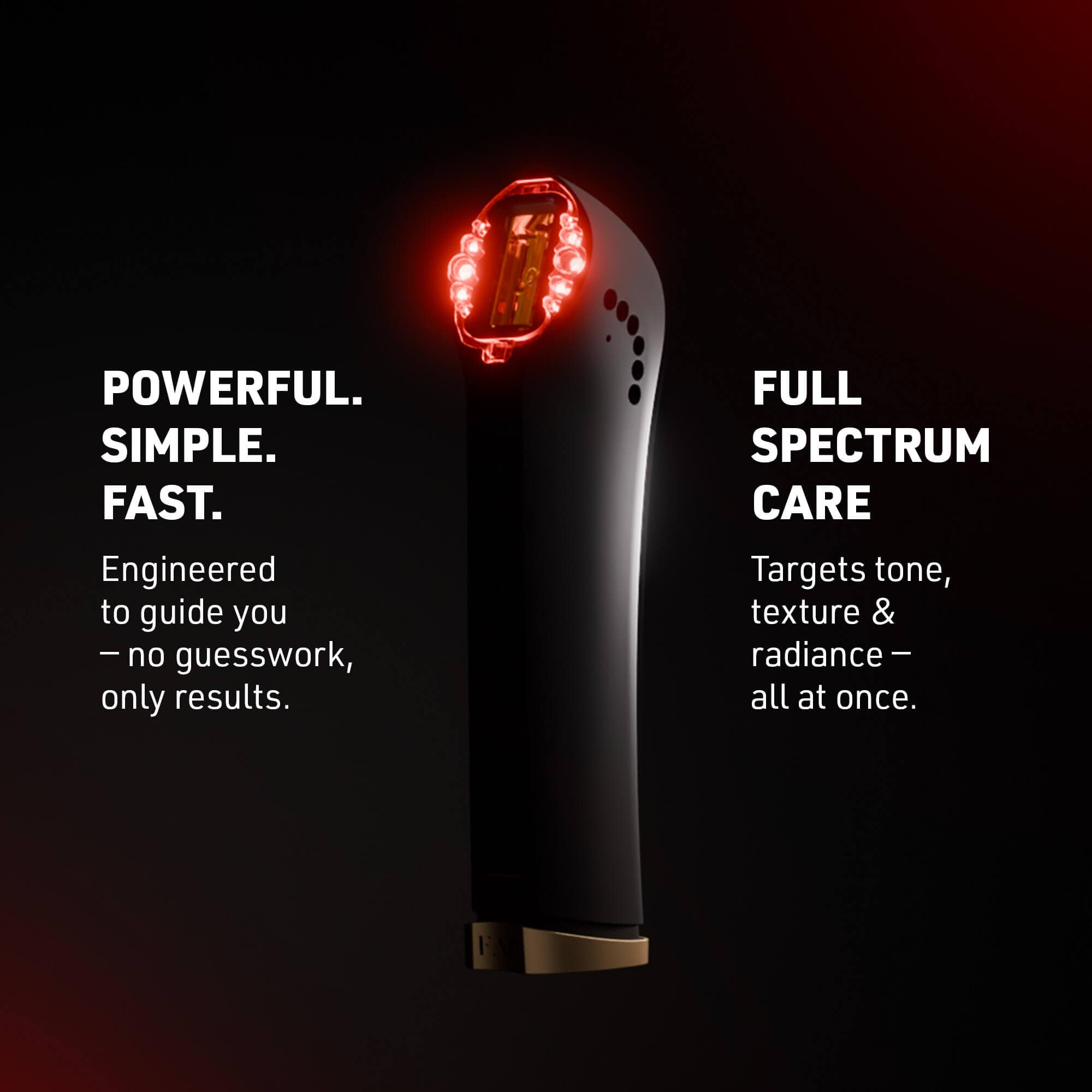 Black handheld device with red light on a black background, featuring text about its features.