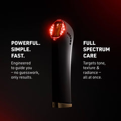 Black handheld device with red light on a black background, featuring text about its features.