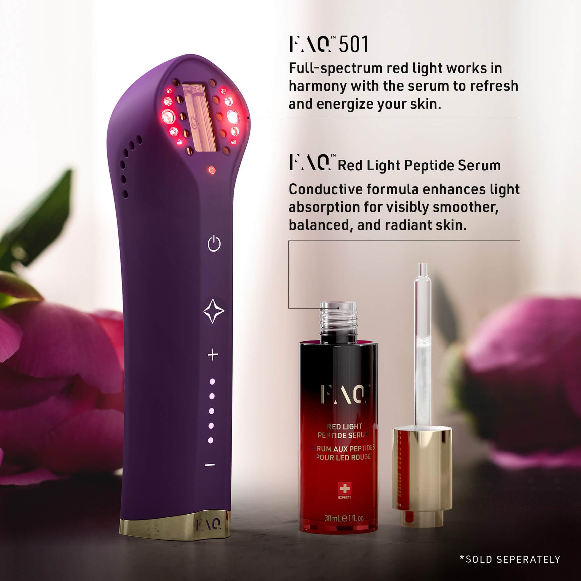 Purple device with red light, serum bottle, and dropper on a blurred floral background