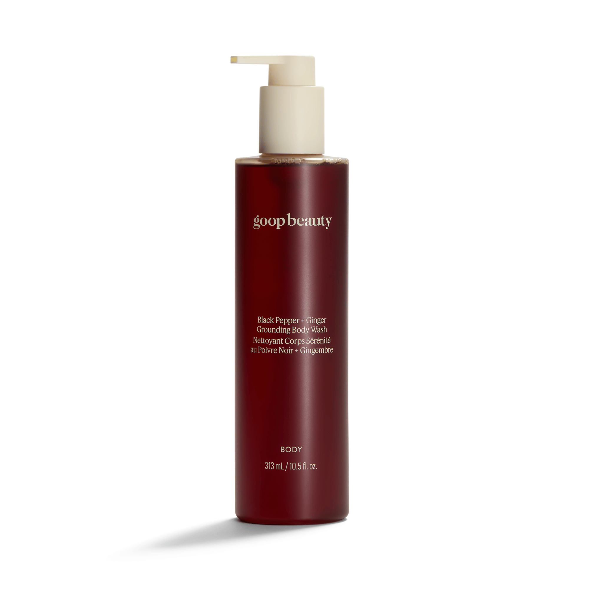 main: goop beauty Black Pepper Ginger Grounding Body Wash 10.5 fl oz pump bottle on a clean background