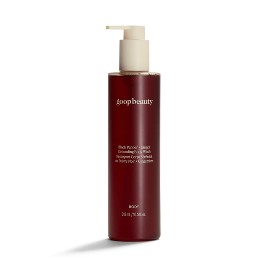 main: goop beauty Black Pepper Ginger Grounding Body Wash 10.5 fl oz pump bottle on a clean background