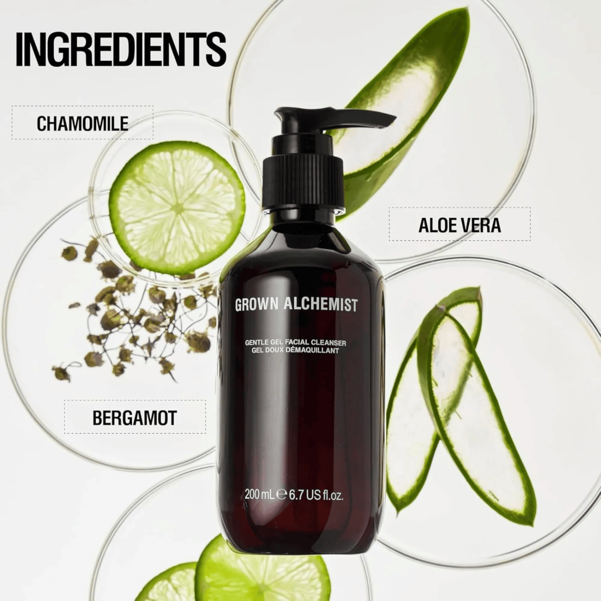 Grown Alchemist facial cleanser bottle with ingredients like chamomile, aloe vera, and bergamot displayed around it.