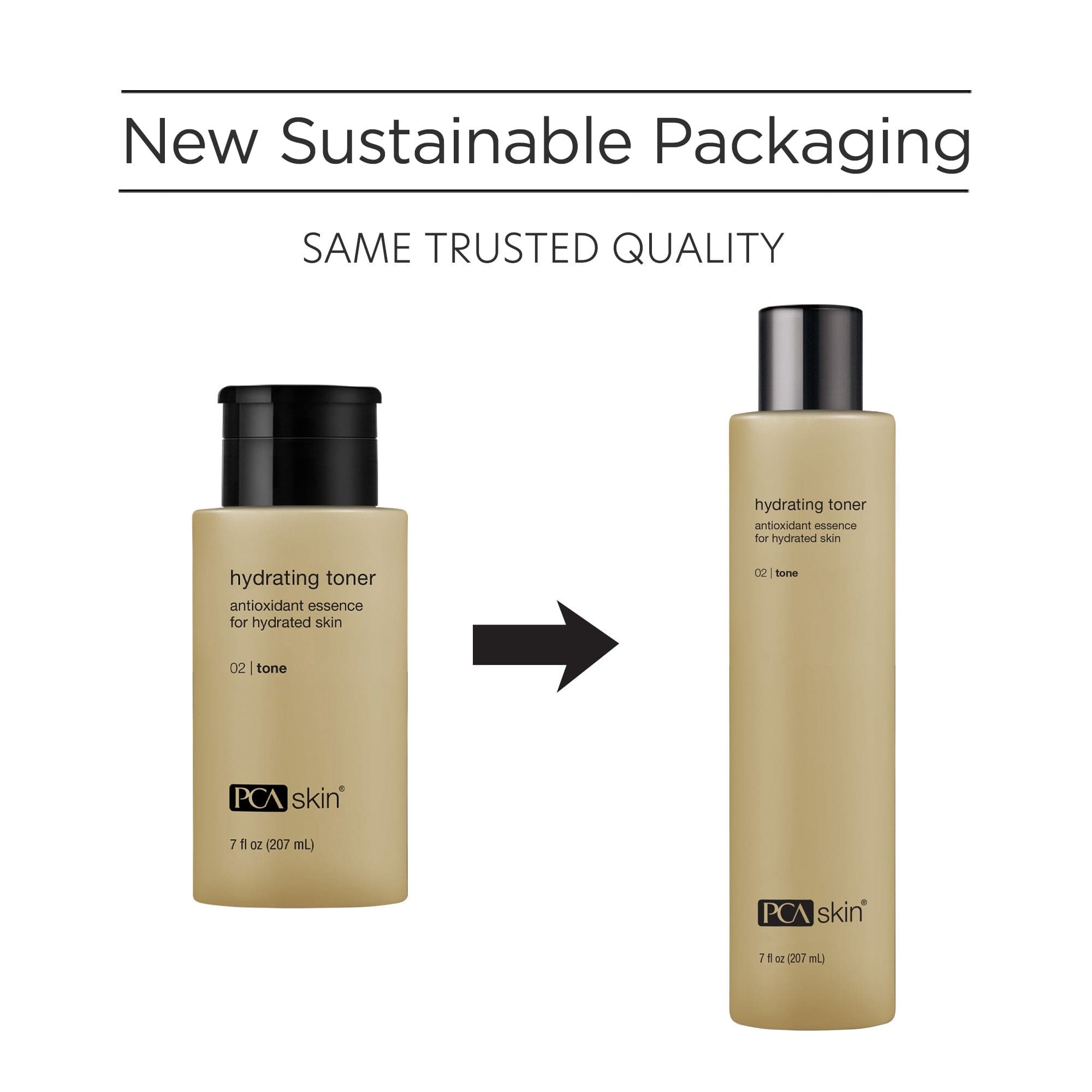 Two bottles of PCA Skin toner with text about new sustainable packaging.