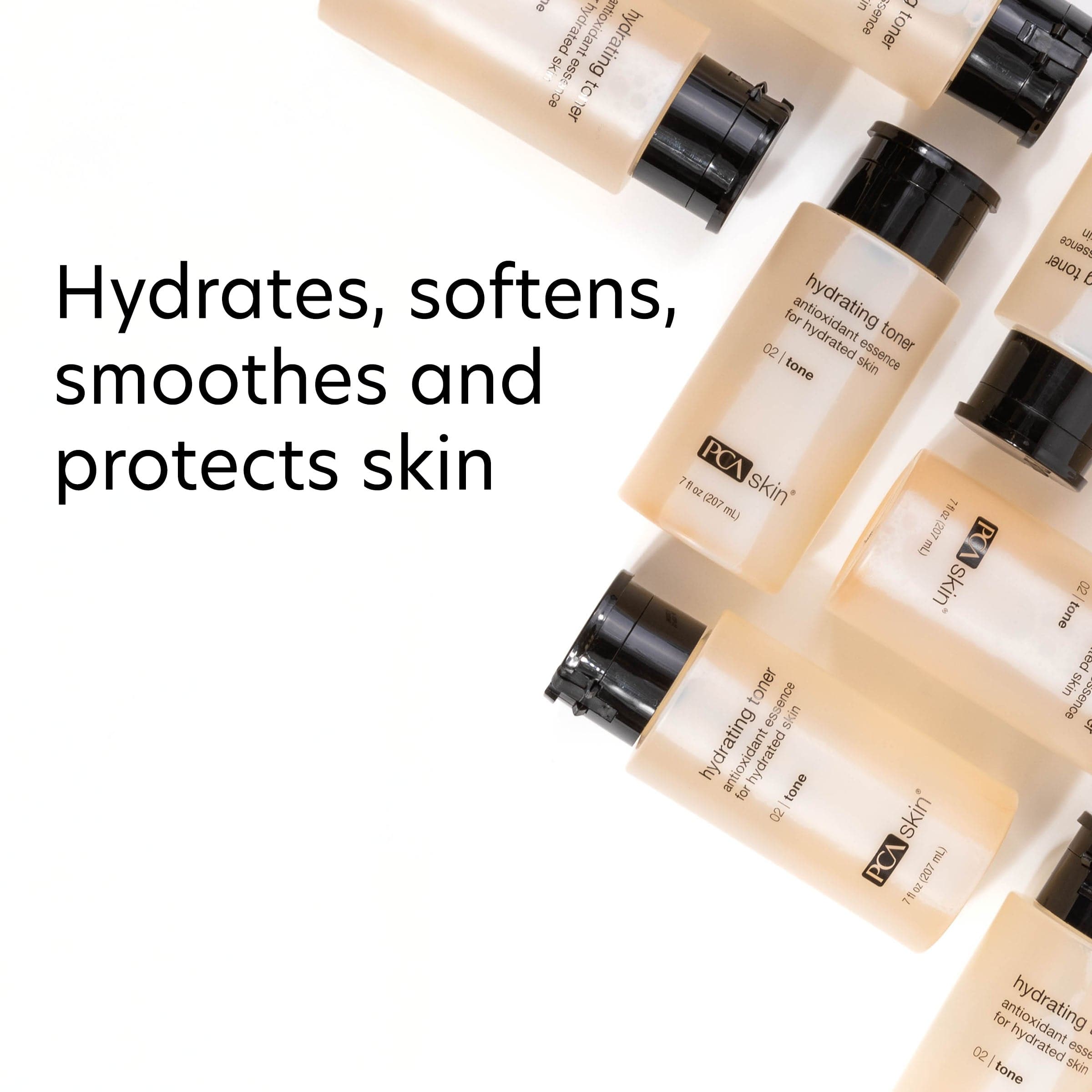 Skincare bottles with text 'Hydrates, softens, smooths and protects skin' on a white background