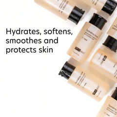 Skincare bottles with text 'Hydrates, softens, smooths and protects skin' on a white background