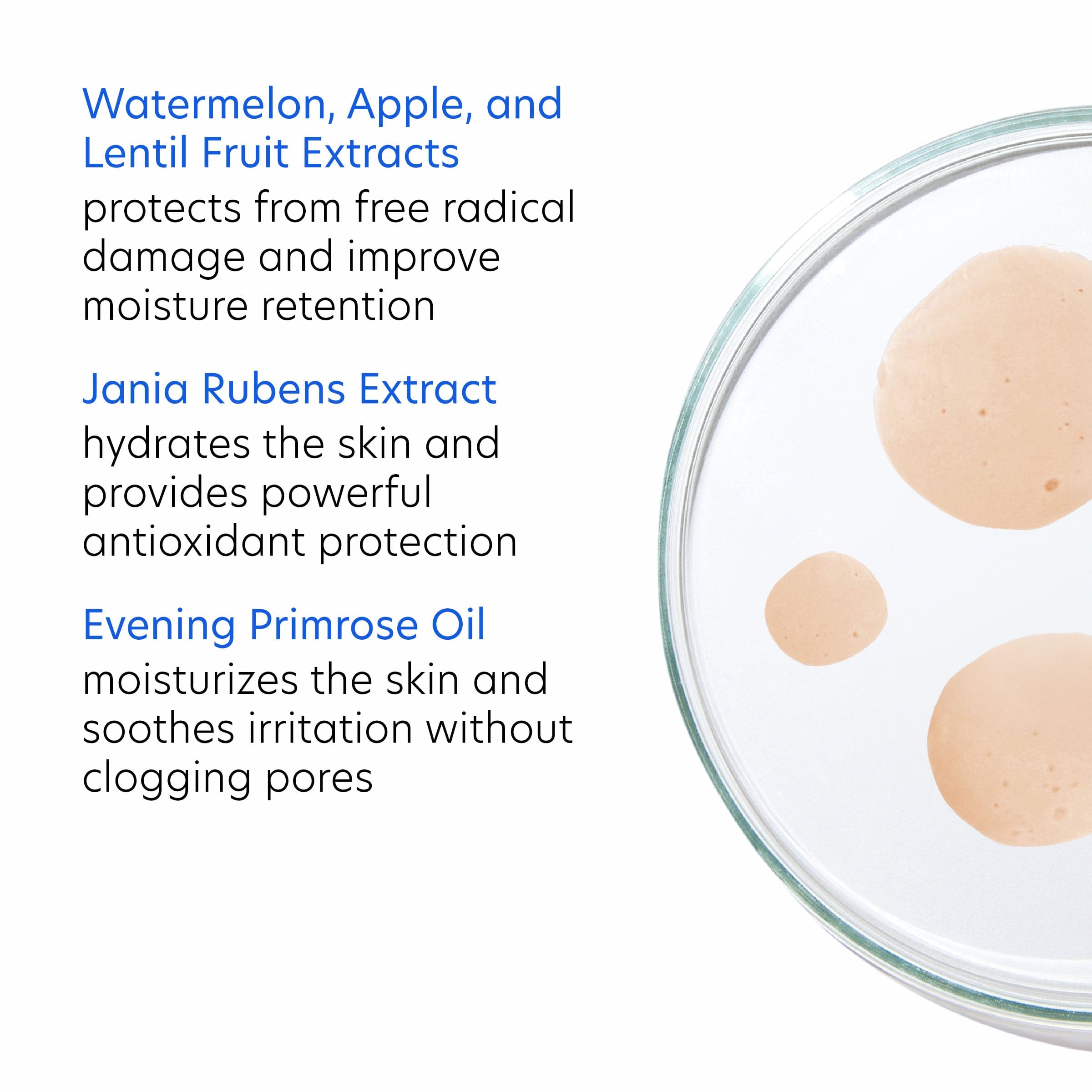 Glass container with beige substance and text about skincare ingredients on a white background