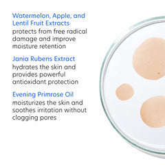 Glass container with beige substance and text about skincare ingredients on a white background