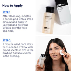 PCA Skin skincare products with application instructions and a woman using them.
