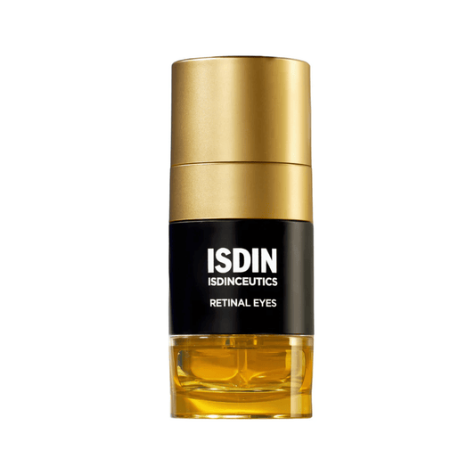 ISDIN Isdinceutics Retinal Eyes anti-aging eye serum in glass bottle with dropper for under-eye wrinkles and dark circles. Available at Exclusive Beauty Club.