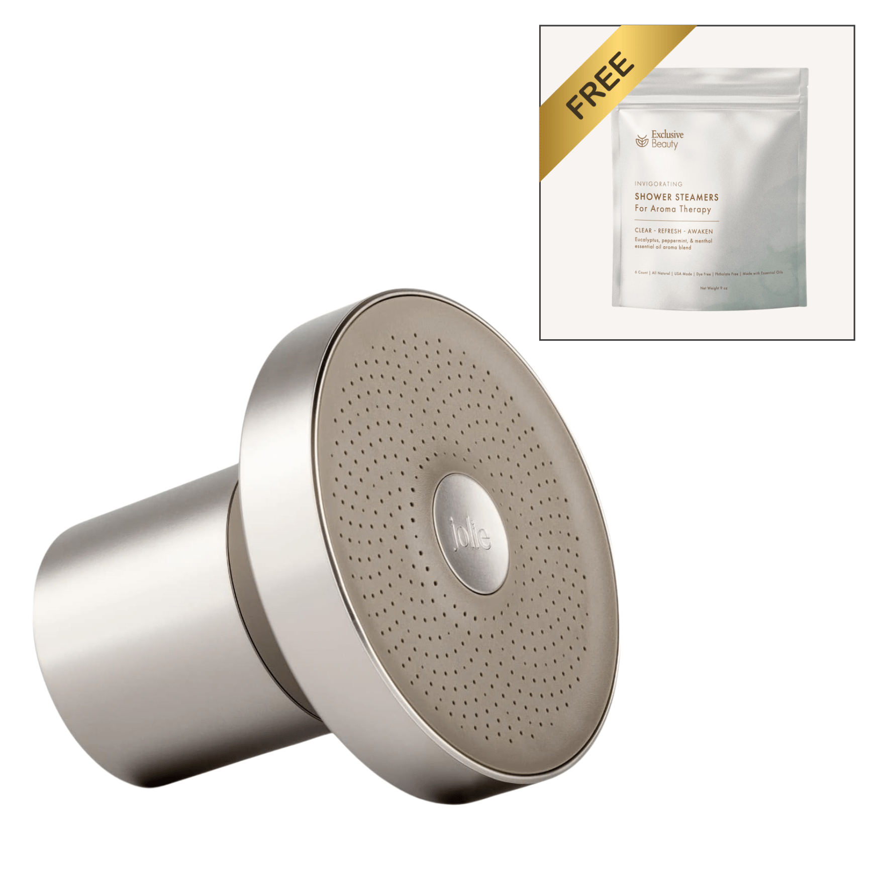 Jolie Brushed Steel Shower Head with a free sample pack of shower steamers