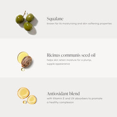 Illustration of squalane, ricinus communis seed oil, and antioxidant blend with text on a white background 7