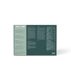 Product packaging with key benefits and features listed on a white background