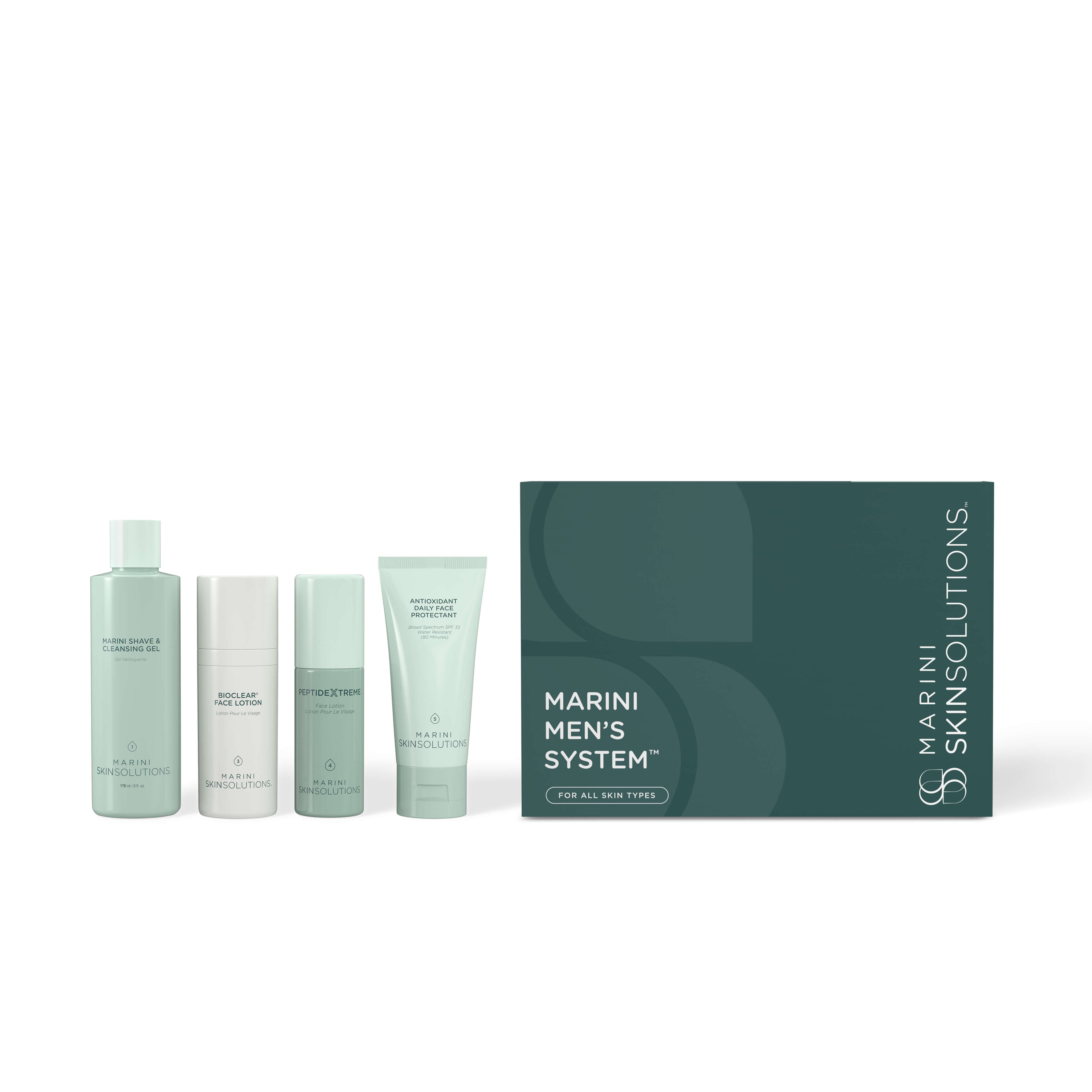 Set of skincare products and packaging for Marini Men's System on a white background