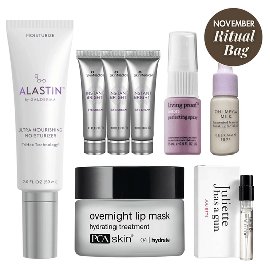 November Ritual Bag skincare sample kit with Alastin SkinMedica PCA Skin Living Proof Beekman 1802 and Juliette Has a Gun