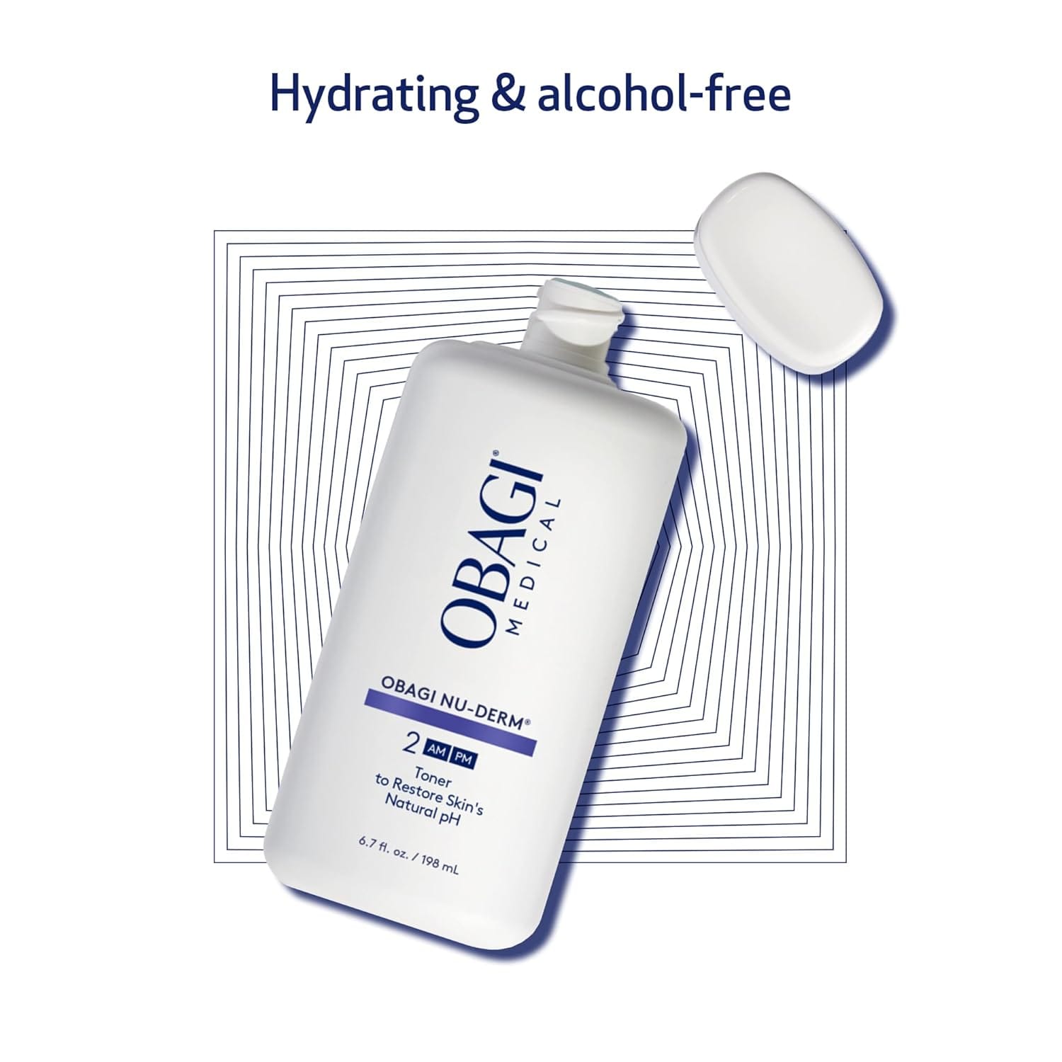 Obagi skincare product with text 'Hydrating & alcohol-free' on a white background