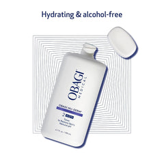 Obagi skincare product with text 'Hydrating & alcohol-free' on a white background