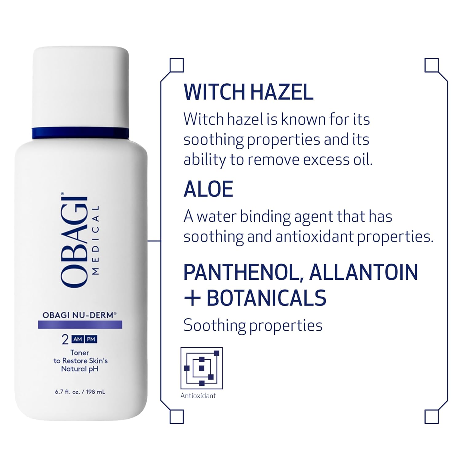 Obagi Nu-Derm toner bottle with key ingredients product details on a white background